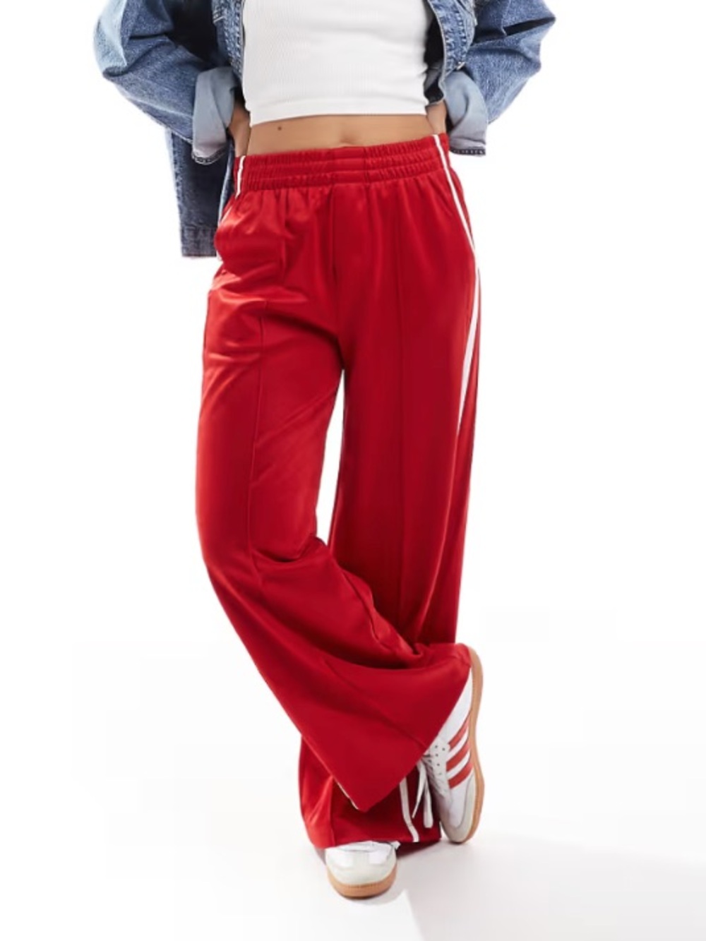 Bershka Red Wide-Leg Track Pants with White Side Stripe